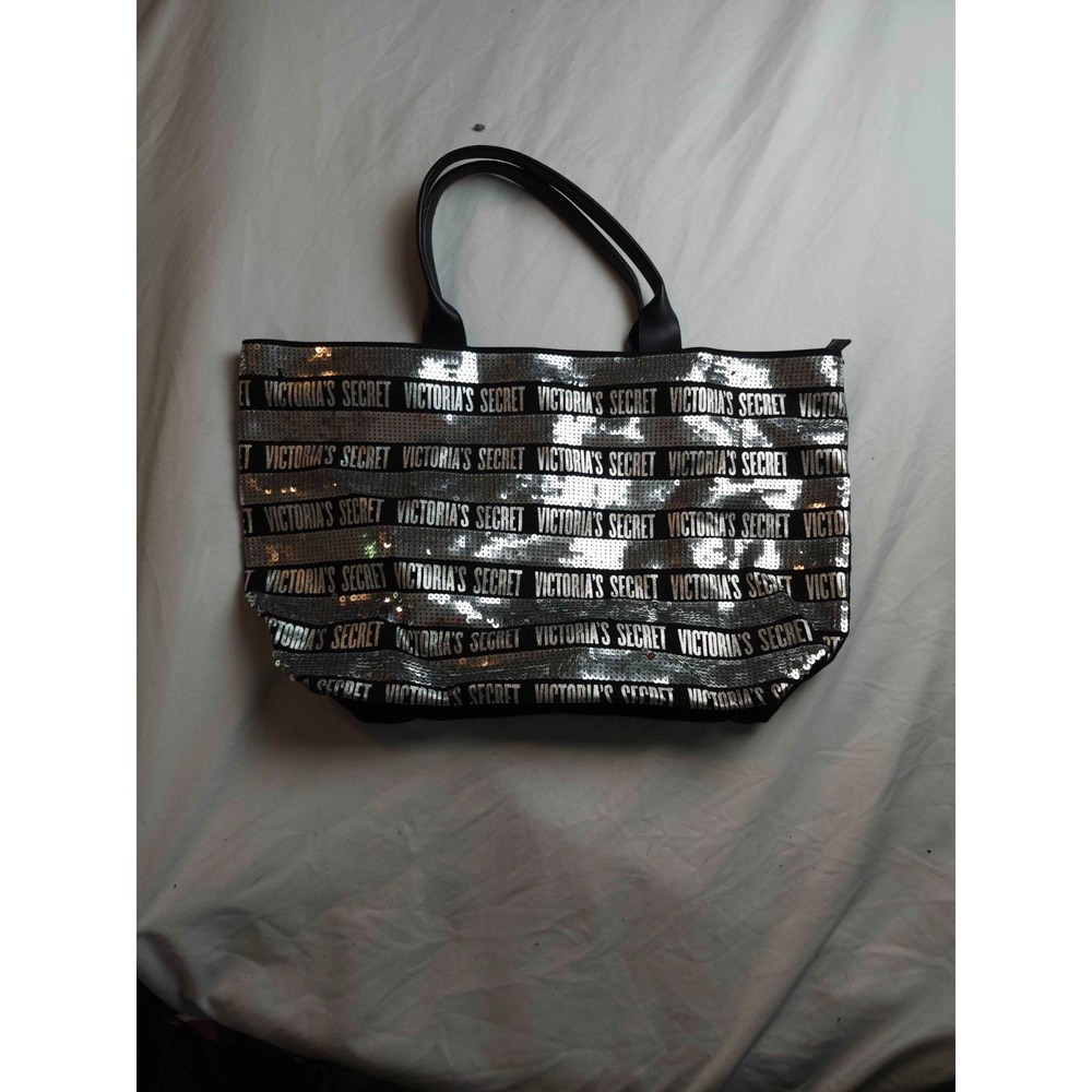 Victoria Secret Tote Bag Womens Black Silver Sequin Stripe Sparkle Y2K Glam‎